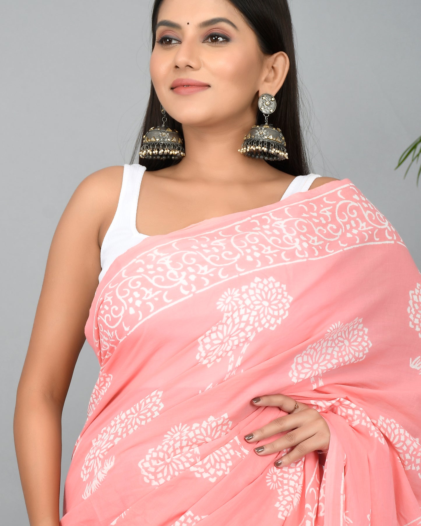 Peach Hand Block Printed Cotton Mulmul Saree with Blouse Piece