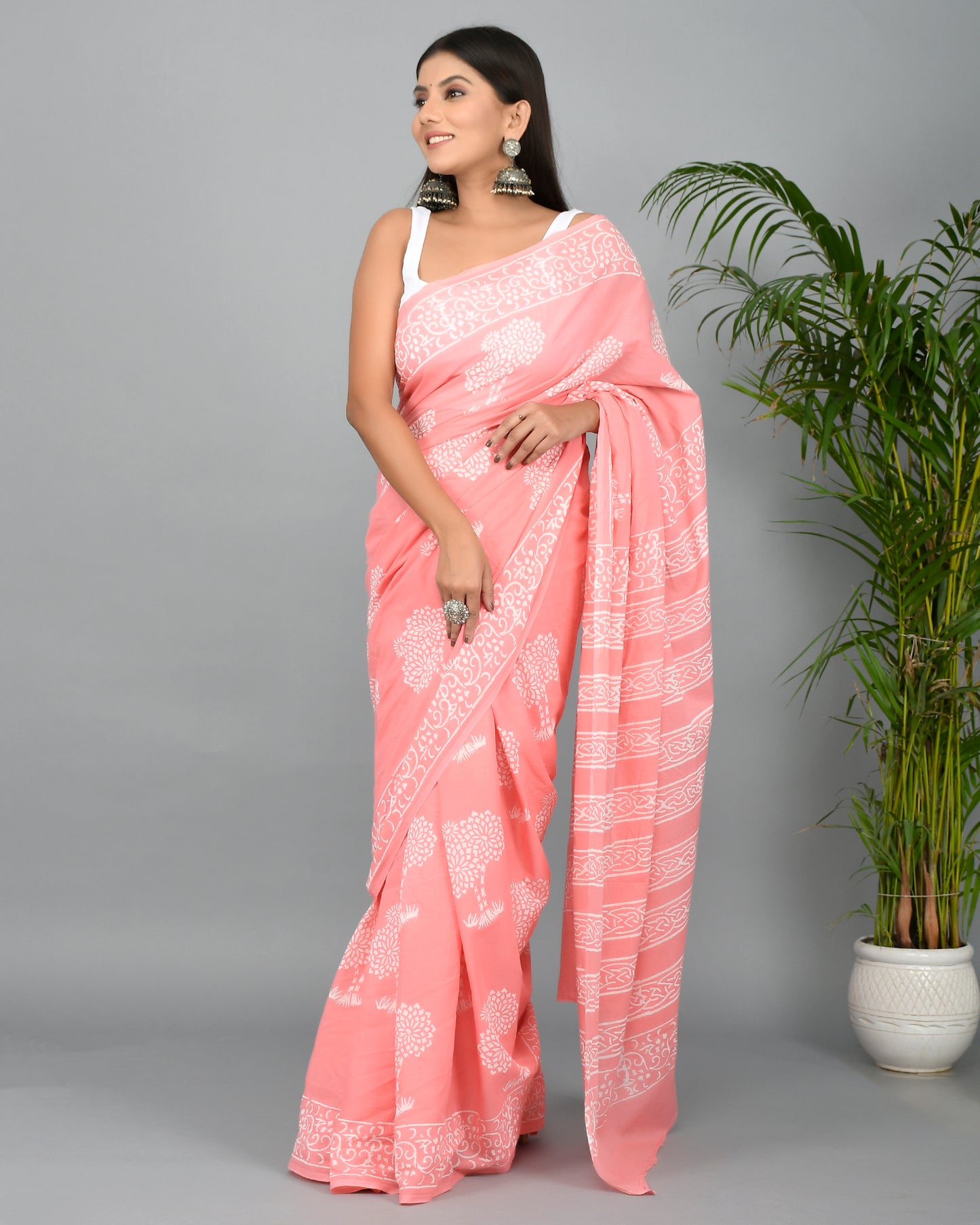 Peach Hand Block Printed Cotton Mulmul Saree with Blouse Piece