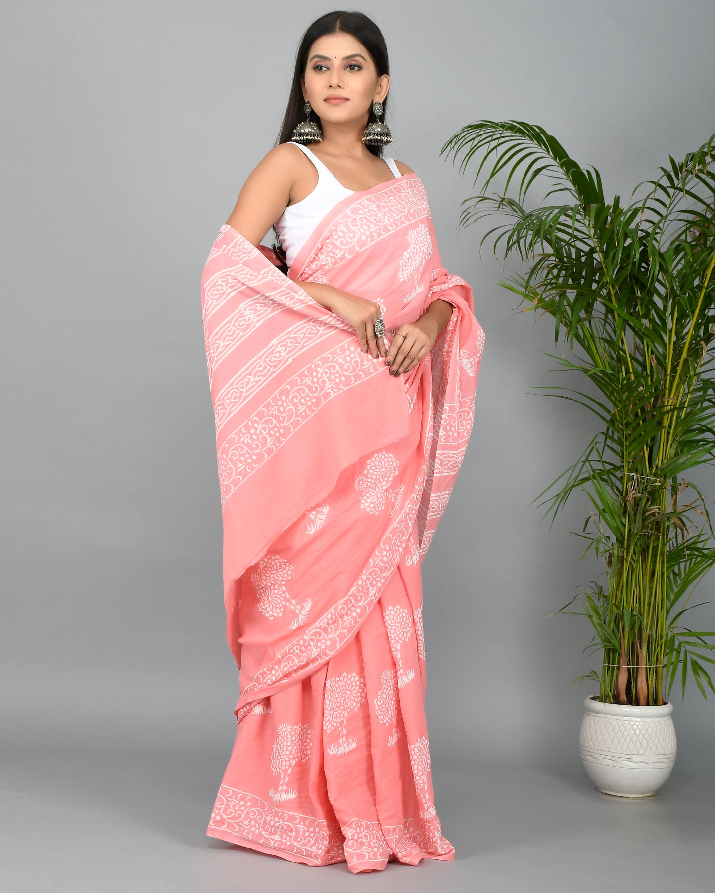Peach Hand Block Printed Cotton Mulmul Saree with Blouse Piece