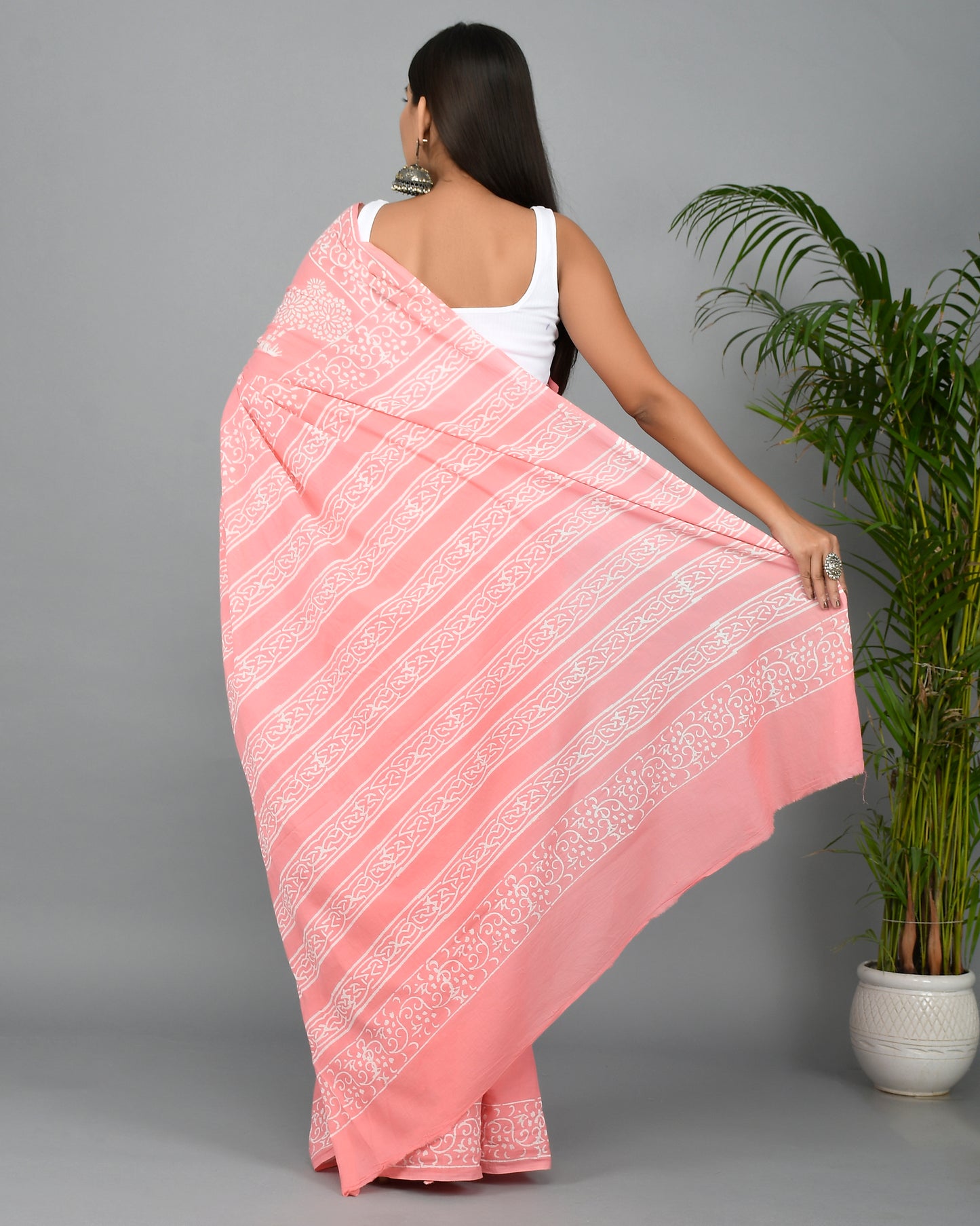 Peach Hand Block Printed Cotton Mulmul Saree with Blouse Piece