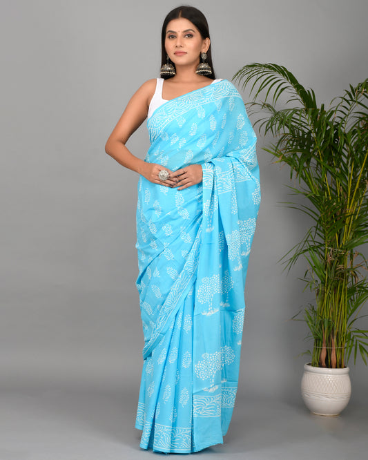 Firozi Hand Block Printed Cotton Mulmul Saree with Blouse Piece