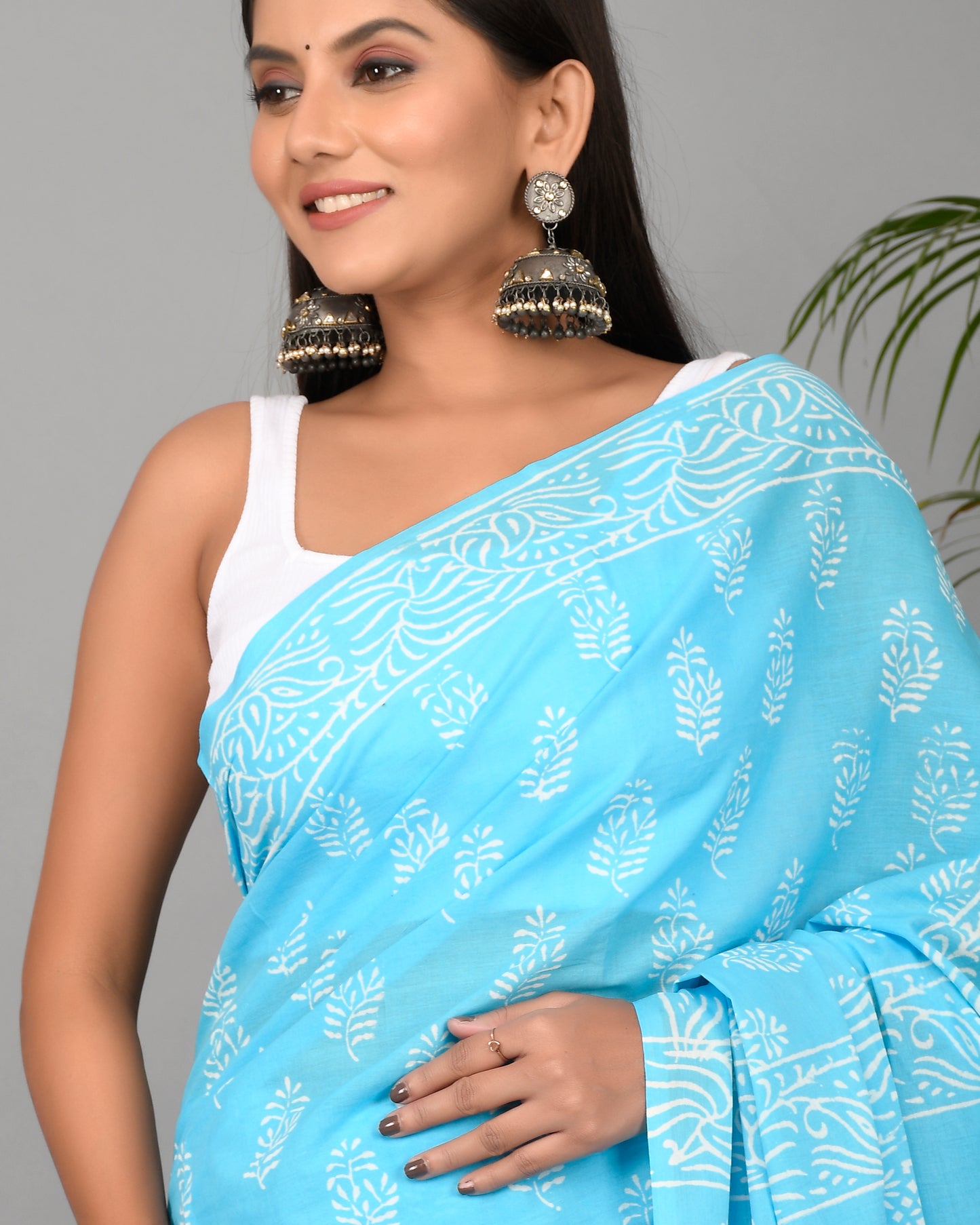 Firozi Hand Block Printed Cotton Mulmul Saree with Blouse Piece