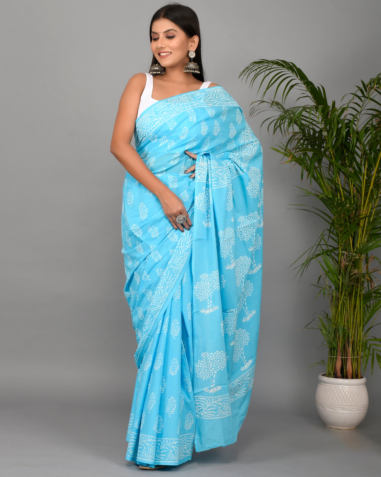 Firozi Hand Block Printed Cotton Mulmul Saree with Blouse Piece