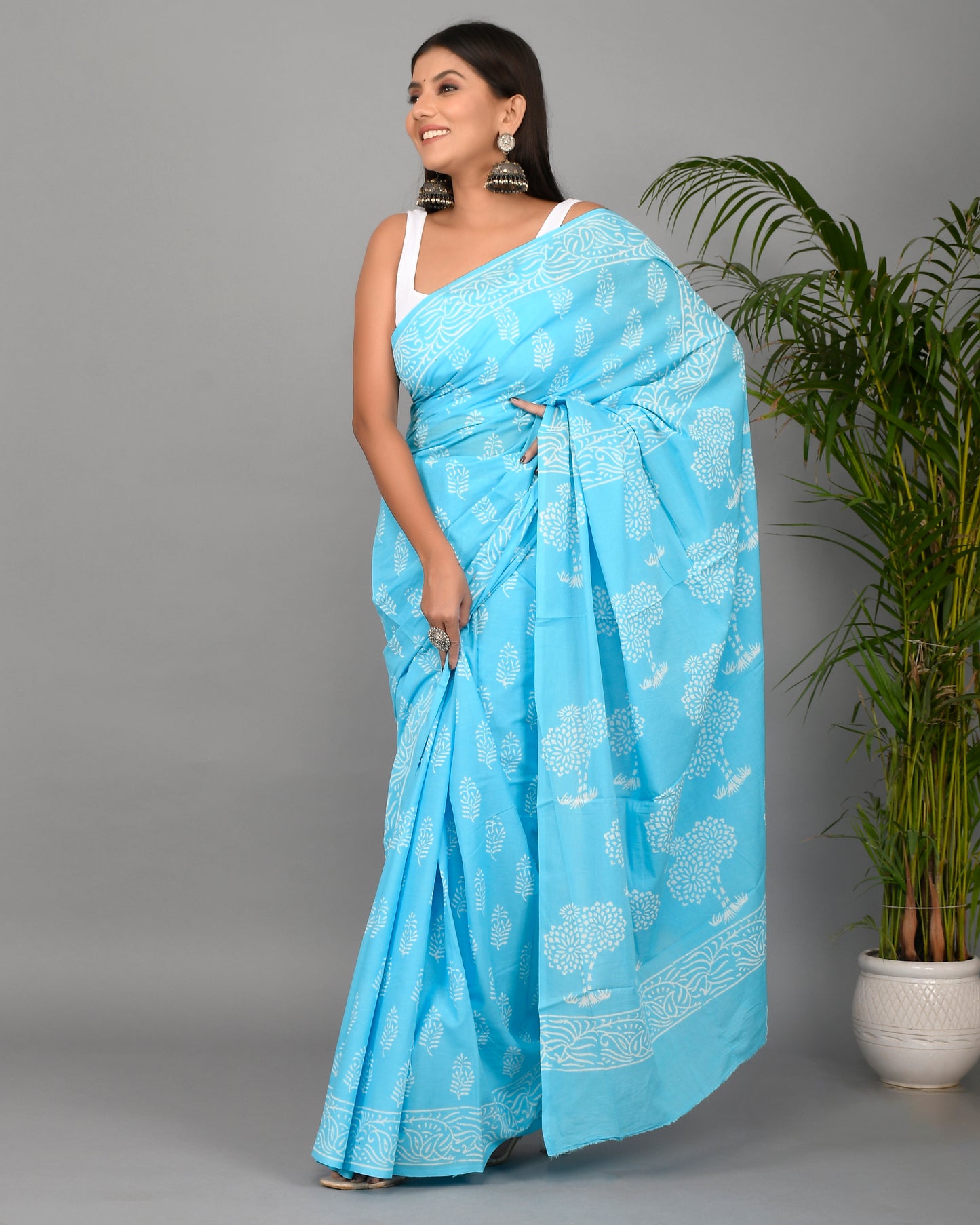 Firozi Hand Block Printed Cotton Mulmul Saree with Blouse Piece