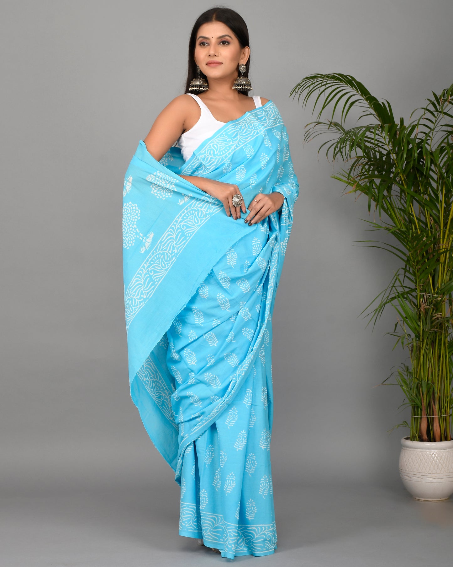 Firozi Hand Block Printed Cotton Mulmul Saree with Blouse Piece