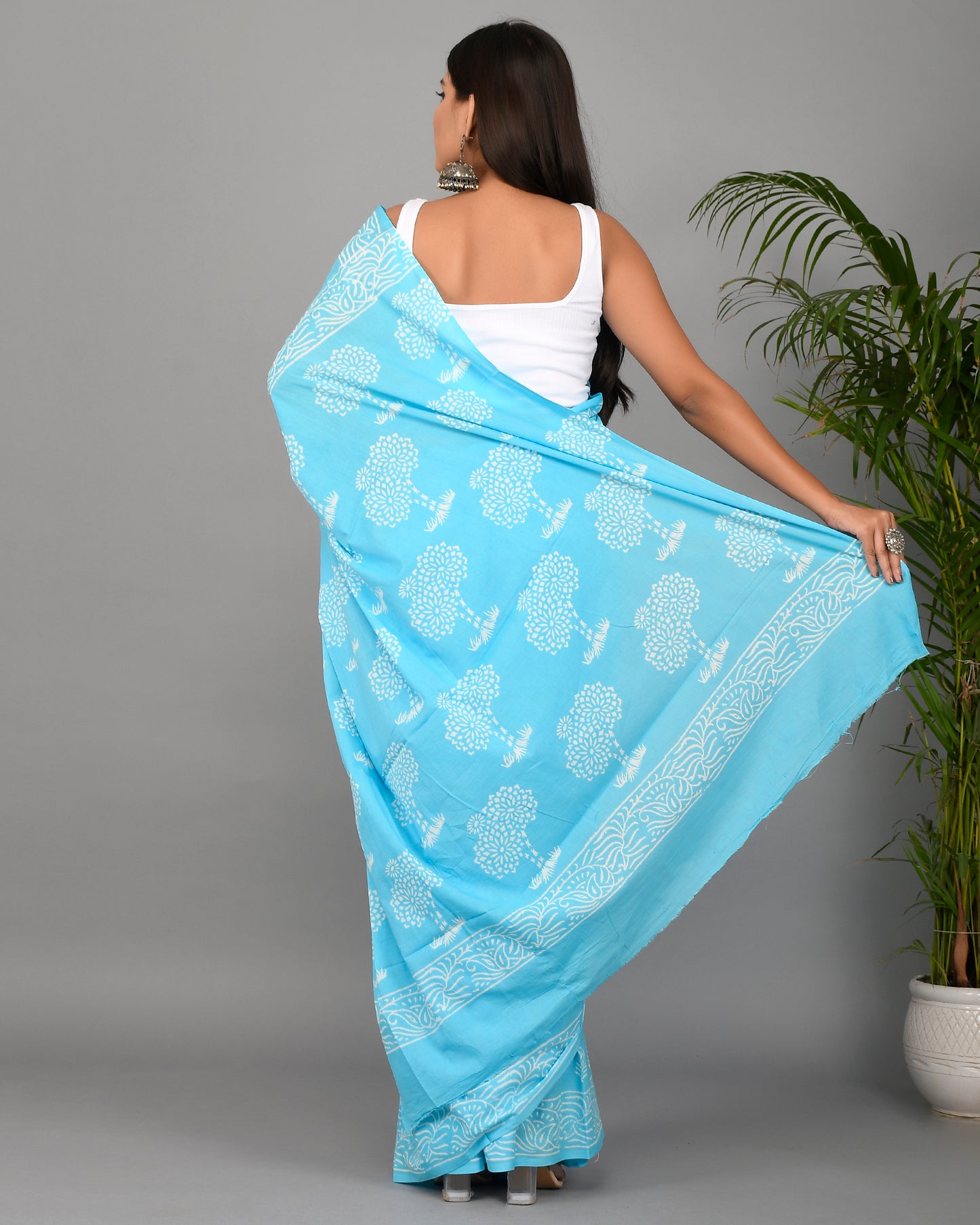 Firozi Hand Block Printed Cotton Mulmul Saree with Blouse Piece