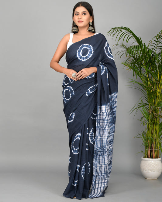 Tie and Dye Hand Block Printed Cotton Mulmul Saree with Blouse Piece