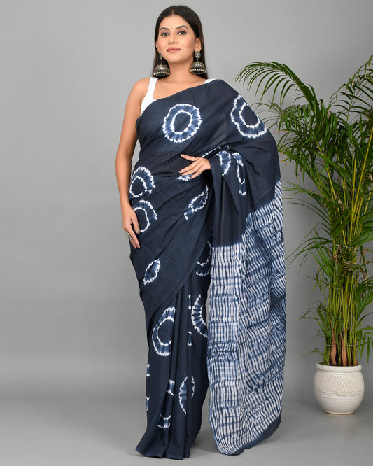 Tie and Dye Hand Block Printed Cotton Mulmul Saree with Blouse Piece