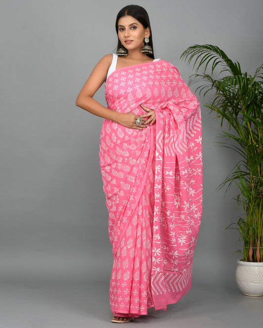 Baby Pink Cotton Mulmul Saree with Blouse Piece