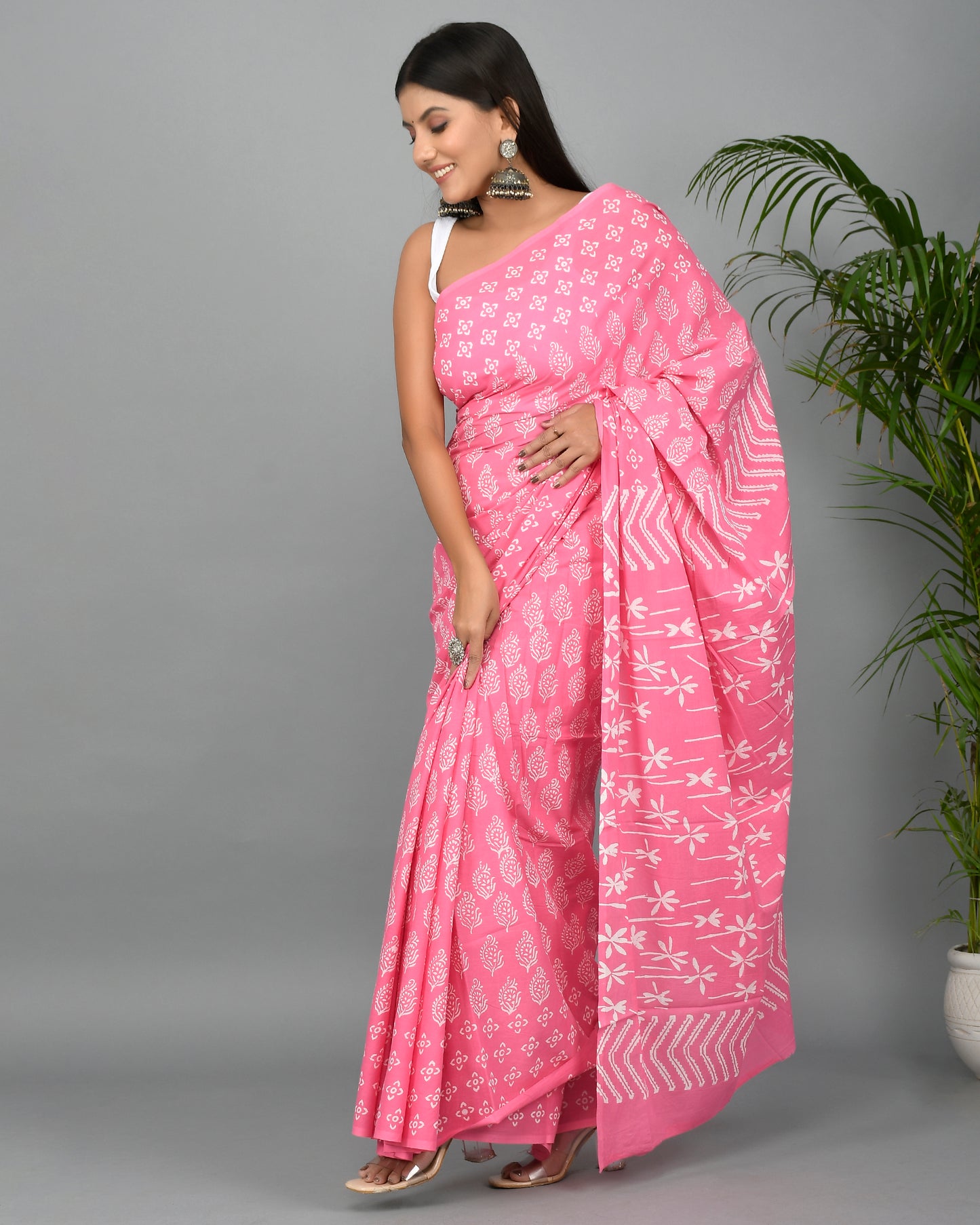 Baby Pink Cotton Mulmul Saree with Blouse Piece