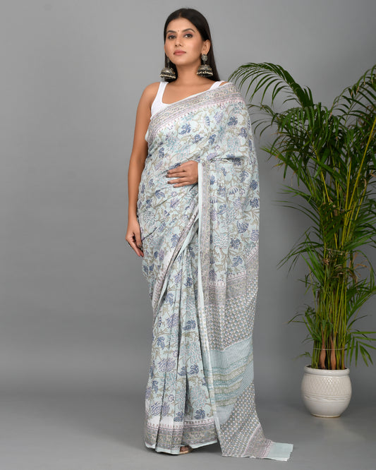 Floral Jaal Hand Block Printed Cotton Mulmul Saree with Blouse Piece