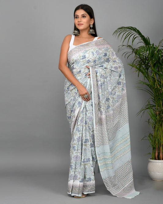 Floral Jaal Hand Block Printed Cotton Mulmul Saree with Blouse Piece