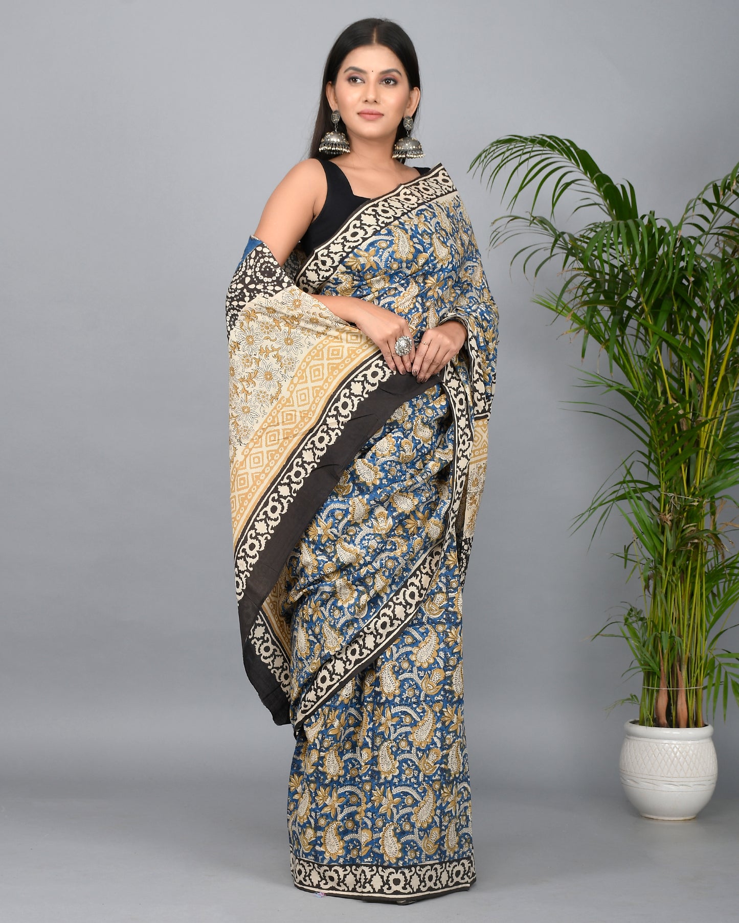 Bagru Printed Cotton Mulmul Saree with Blouse Piece