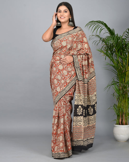 Bagru Kalamkari Printed Cotton Mulmul Saree with Blouse Piece
