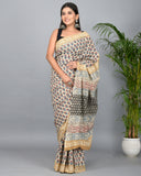 Bagru Printed Cotton Mulmul Saree with Blouse Piece