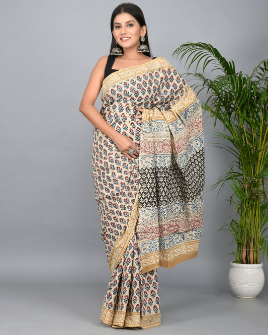 Bagru Printed Cotton Mulmul Saree with Blouse Piece