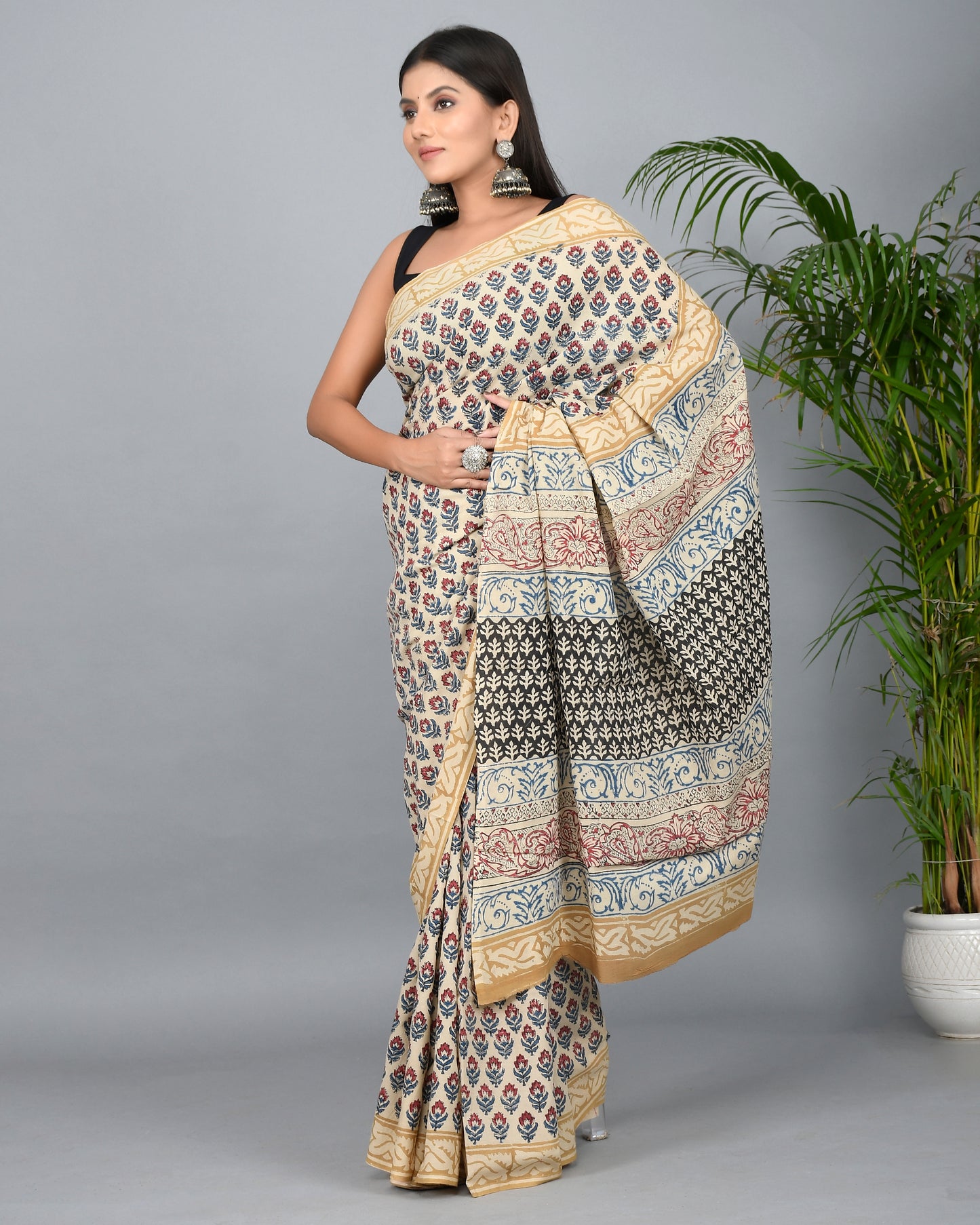 Bagru Printed Cotton Mulmul Saree with Blouse Piece
