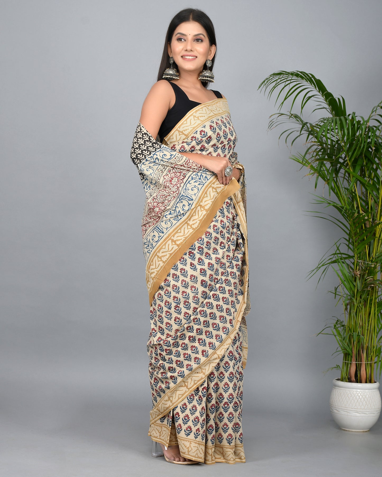 Bagru Printed Cotton Mulmul Saree with Blouse Piece