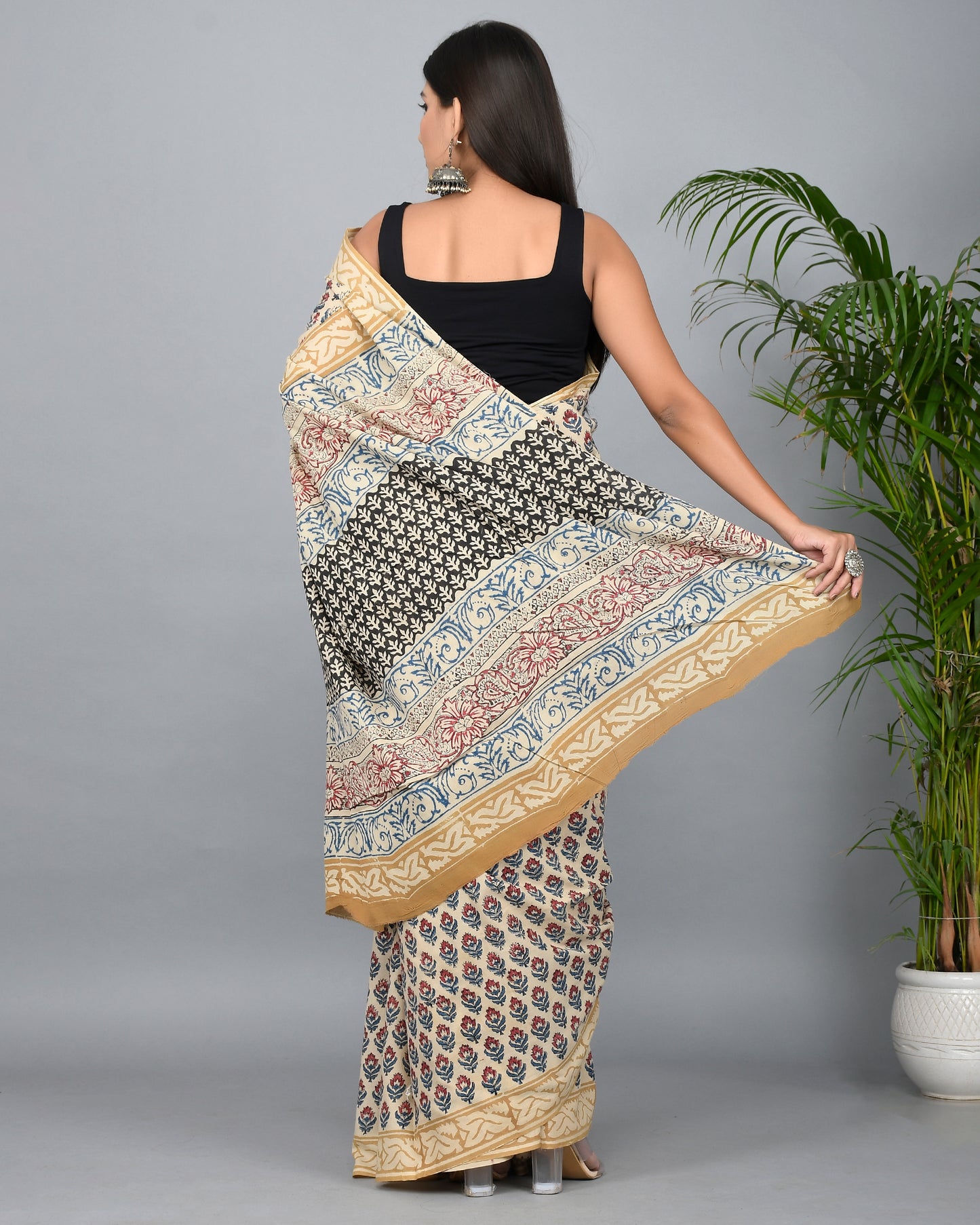 Bagru Printed Cotton Mulmul Saree with Blouse Piece
