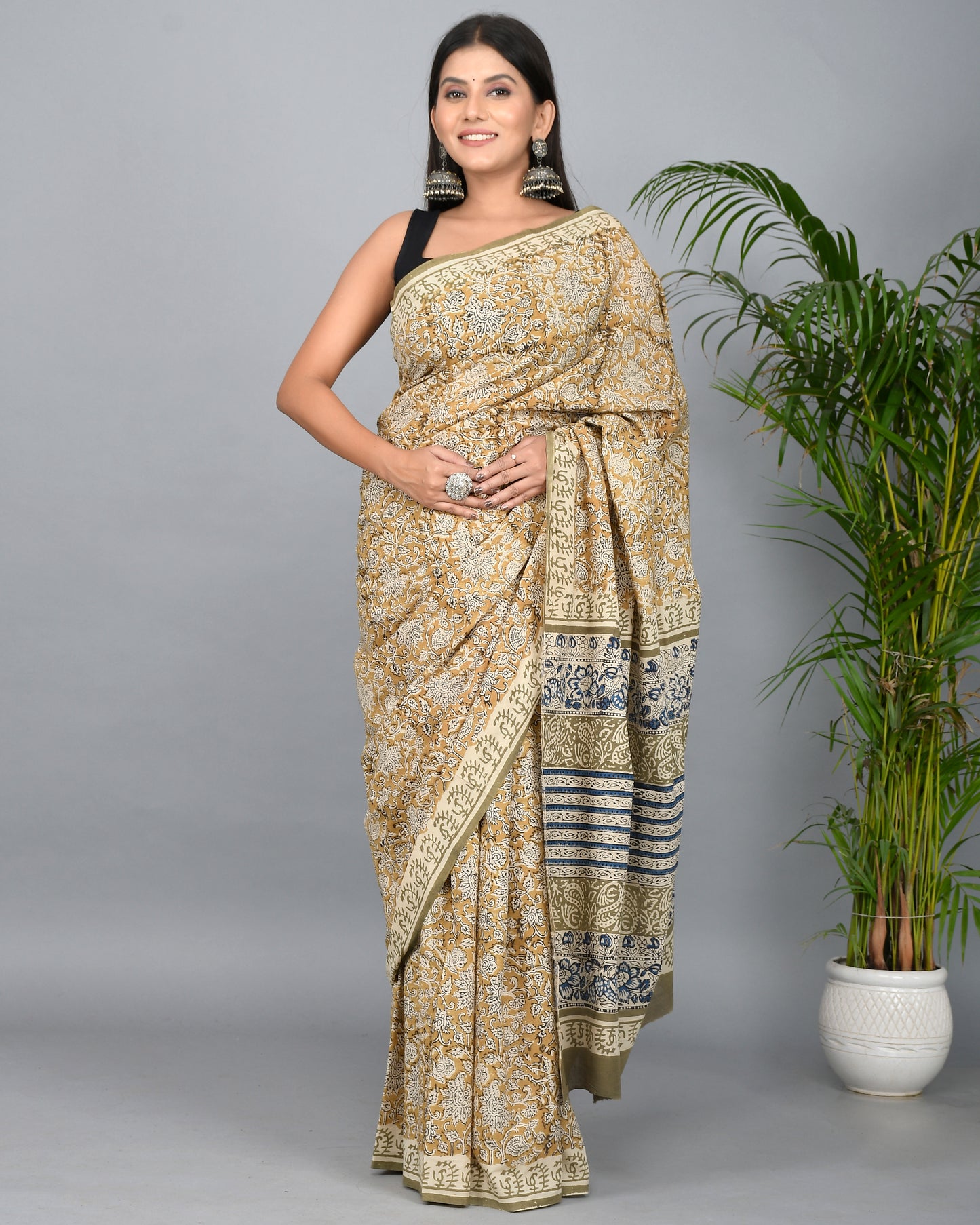 Bagru Printed Cotton Mulmul Saree with Blouse Piece