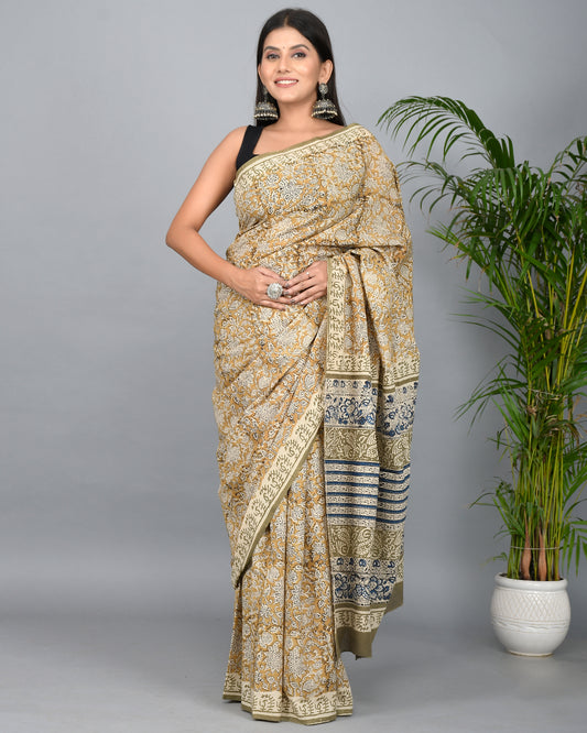 Bagru Printed Cotton Mulmul Saree with Blouse Piece