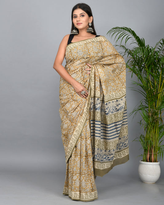 Bagru Printed Cotton Mulmul Saree with Blouse Piece