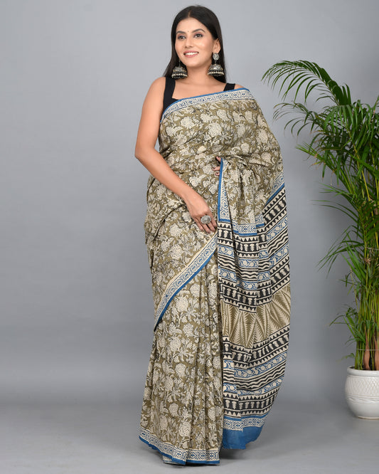 Bagru Printed Green Cotton Mulmul Saree with Blouse Piece