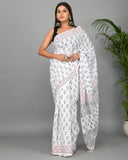 White and Black Printed Cotton Mulmul Saree with Blouse Piece
