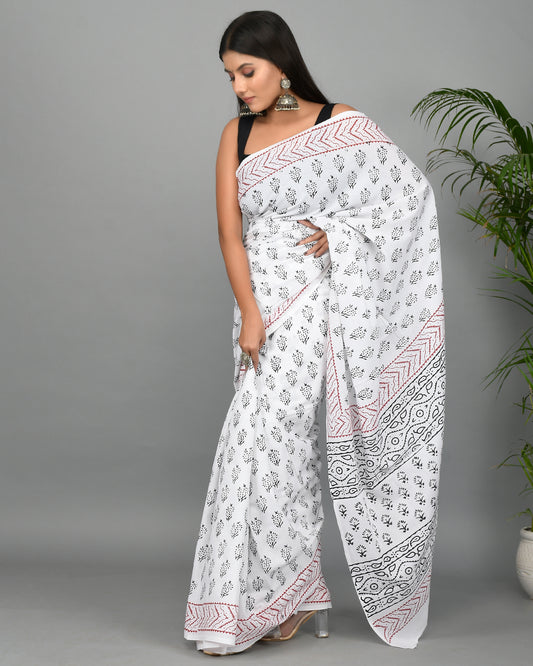 White and Black Printed Cotton Mulmul Saree with Blouse Piece