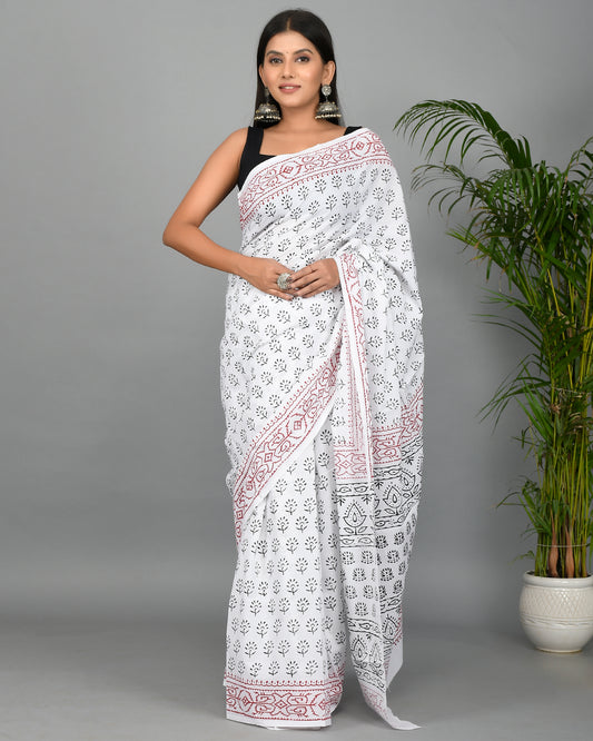 White and Black Printed Cotton Mulmul Saree with Blouse Piece