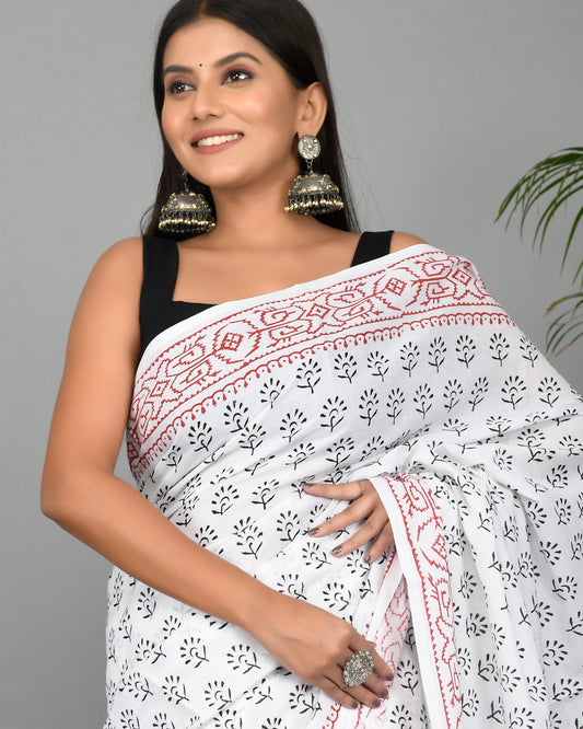 White and Black Printed Cotton Mulmul Saree with Blouse Piece