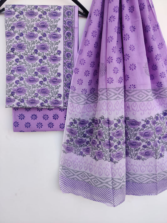 Lilac Hand Block Printed Unstitched Cotton Suit with Mulmul Dupatta