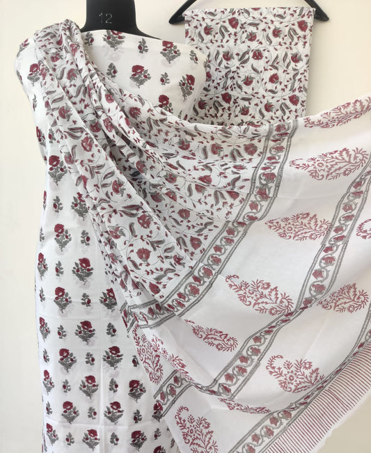 Hand Block Printed Cotton Suit With Mulmul Cotton Dupatta