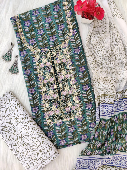 (SALE) FLORAL PRINTED COTTON GOTA PATTI SUIT WITH CHIFFON DUPATTA