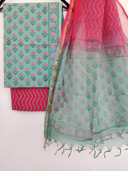 Beautiful Discharge Printed Cotton Suit with Pure Kota Doria Dupatta
