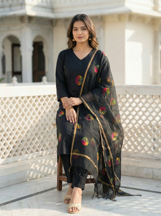 STITCHED Hand Block Printed Cotton suit with kota doria Dupatta