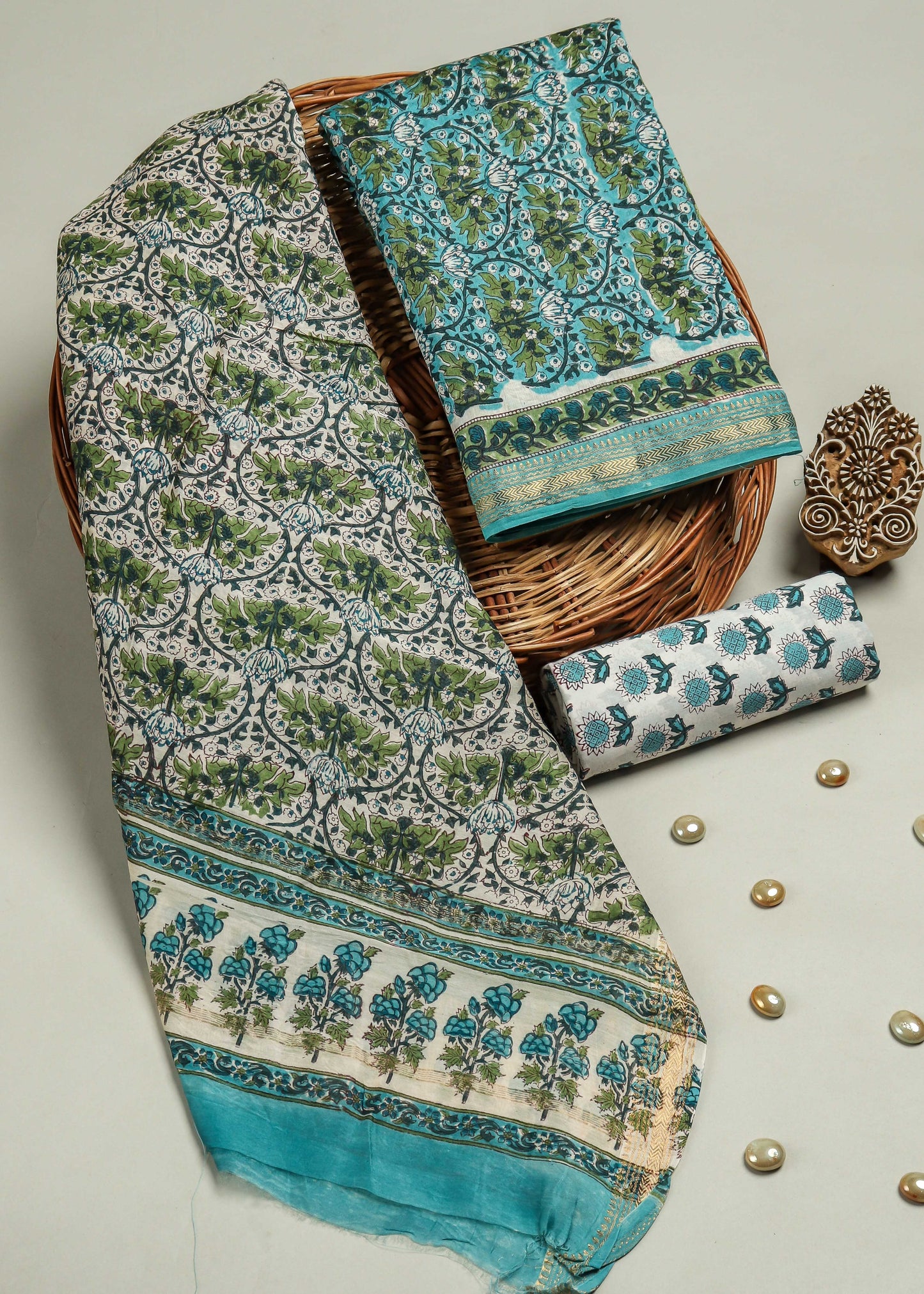 Hand Block Printed Maheshwari Silk Suit with Maheshwari Silk Dupatta