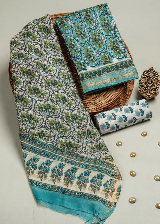 Hand Block Printed Maheshwari Silk Suit with Maheshwari Silk Dupatta