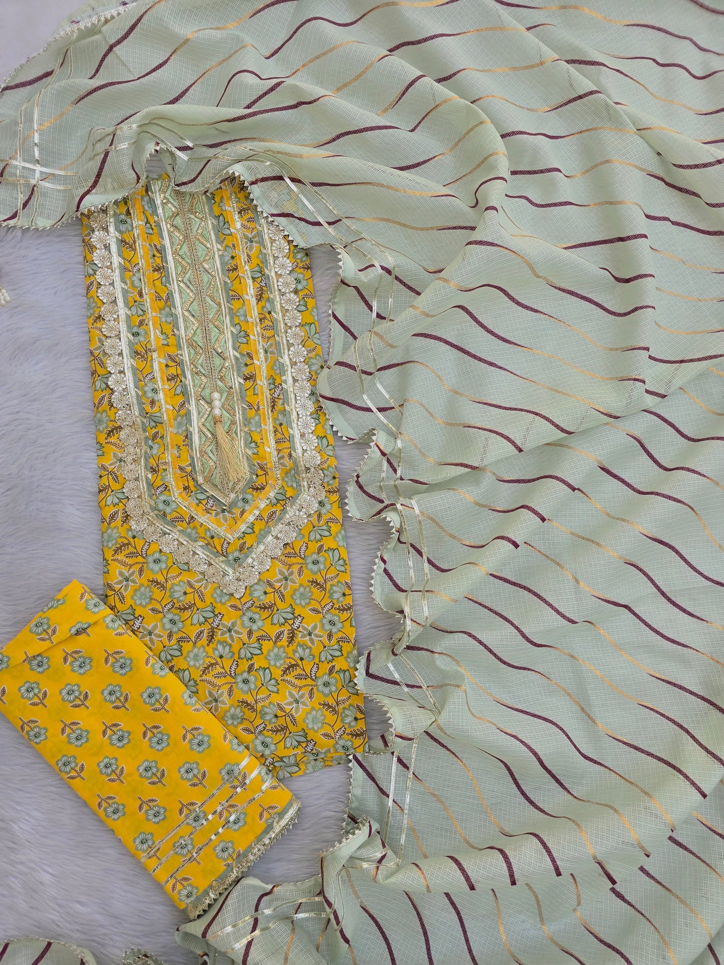 JAIPURI PRINTED GOTA LACE NECK WORK SUITS WITH KOTA DORIA DUPATTA