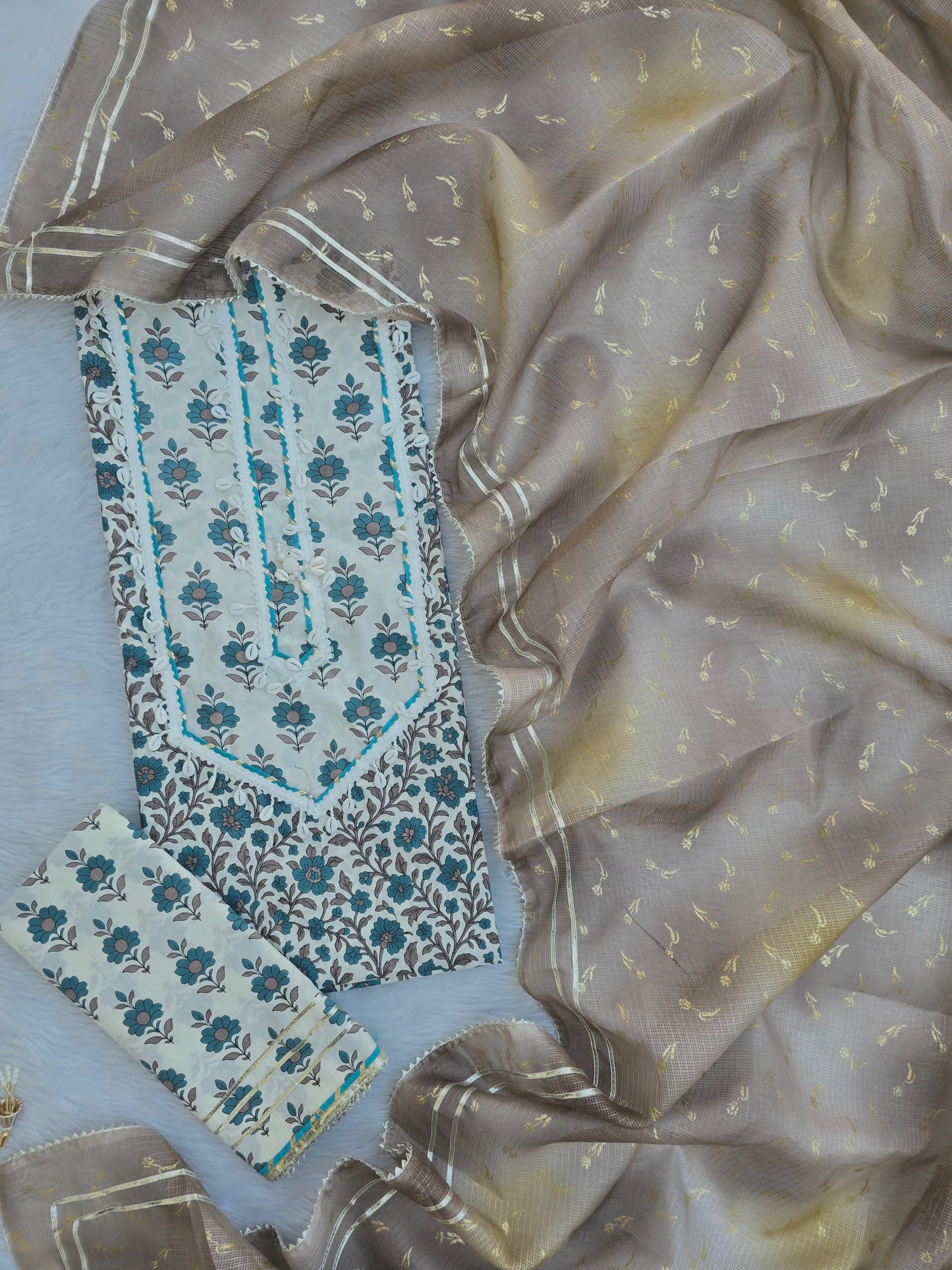 JAIPURI PRINTED GOTA LACE NECK WORK SUITS WITH KOTA DORIA DUPATTA