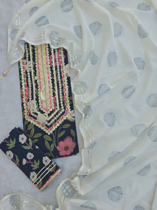 JAIPURI PRINTED GOTA LACE NECK WORK SUITS WITH KOTA DORIA DUPATTA