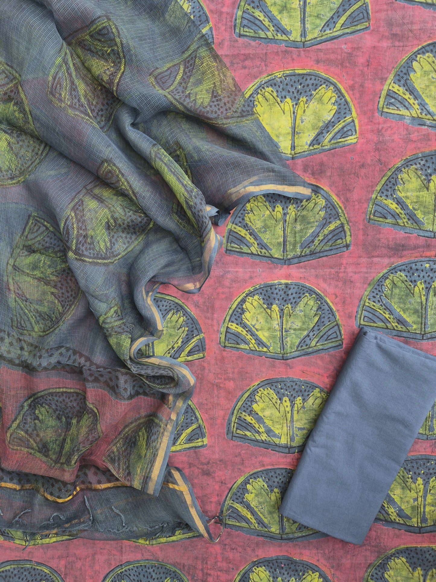 NASHPAL POMEGRANATE DYE COTTON SUIT WITH KOTA DORIA DUPATTA