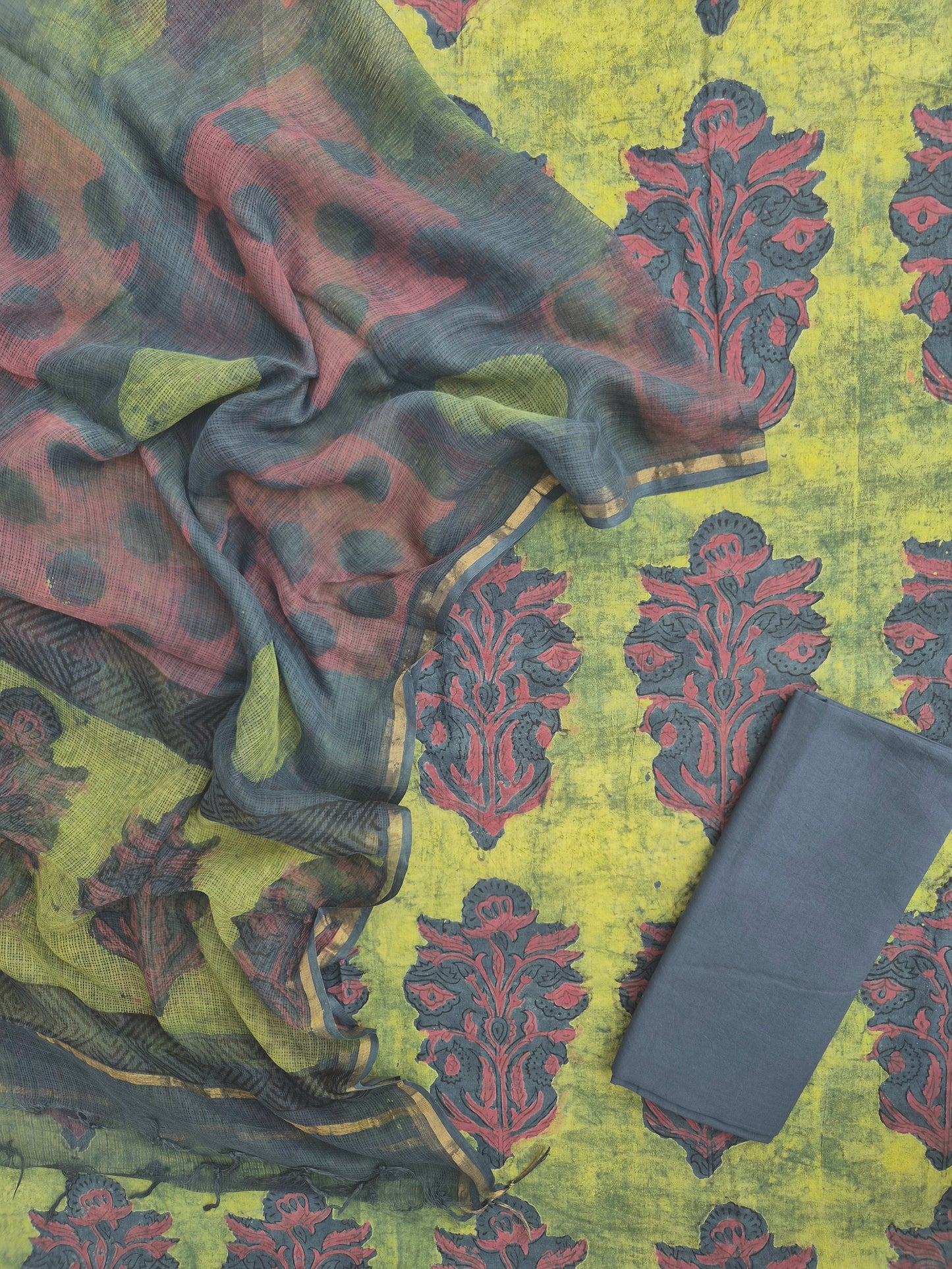 NASHPAL POMEGRANATE DYE COTTON SUIT WITH KOTA DORIA DUPATTA