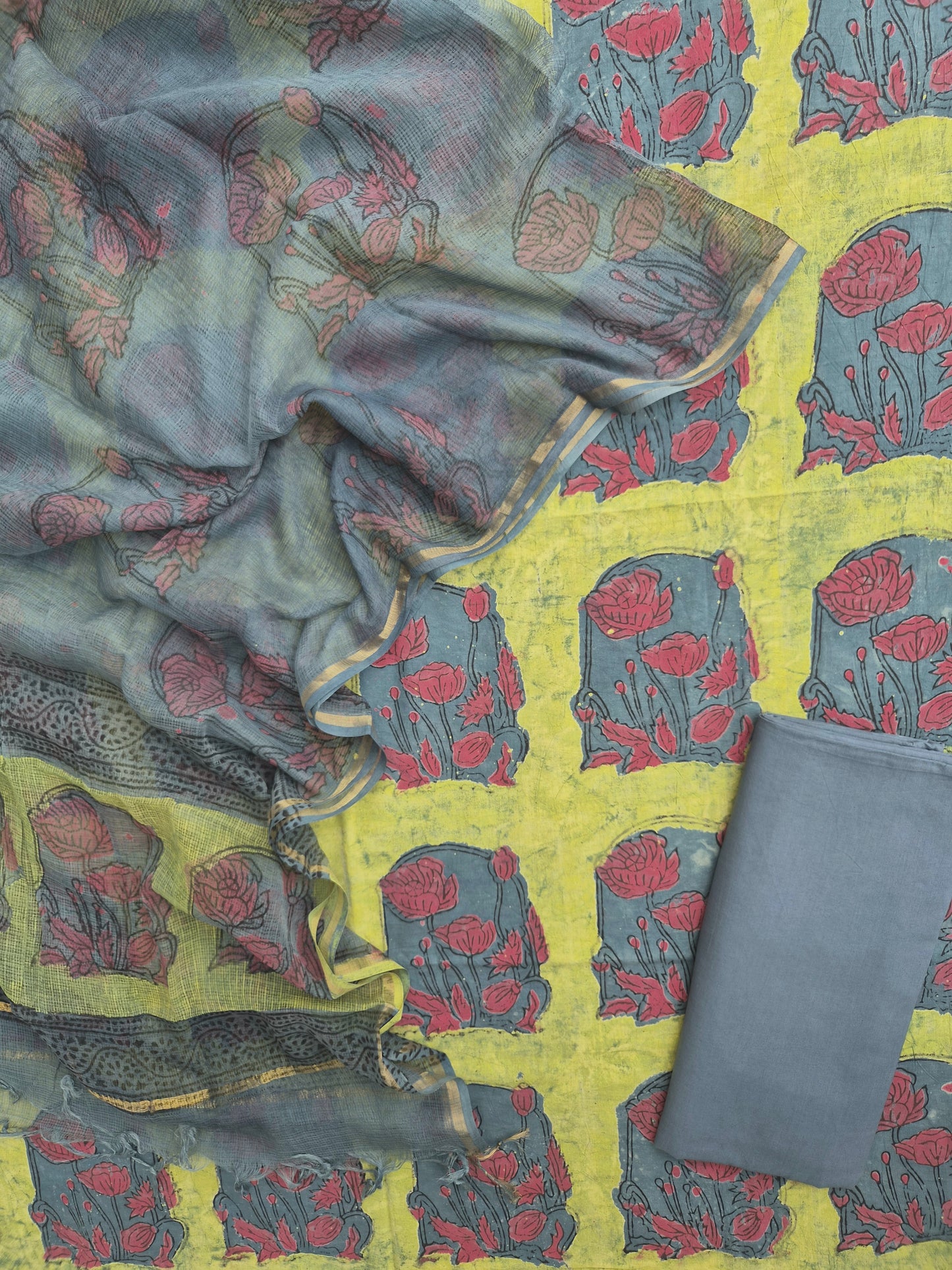 NASHPAL POMEGRANATE DYE COTTON SUIT WITH KOTA DORIA DUPATTA