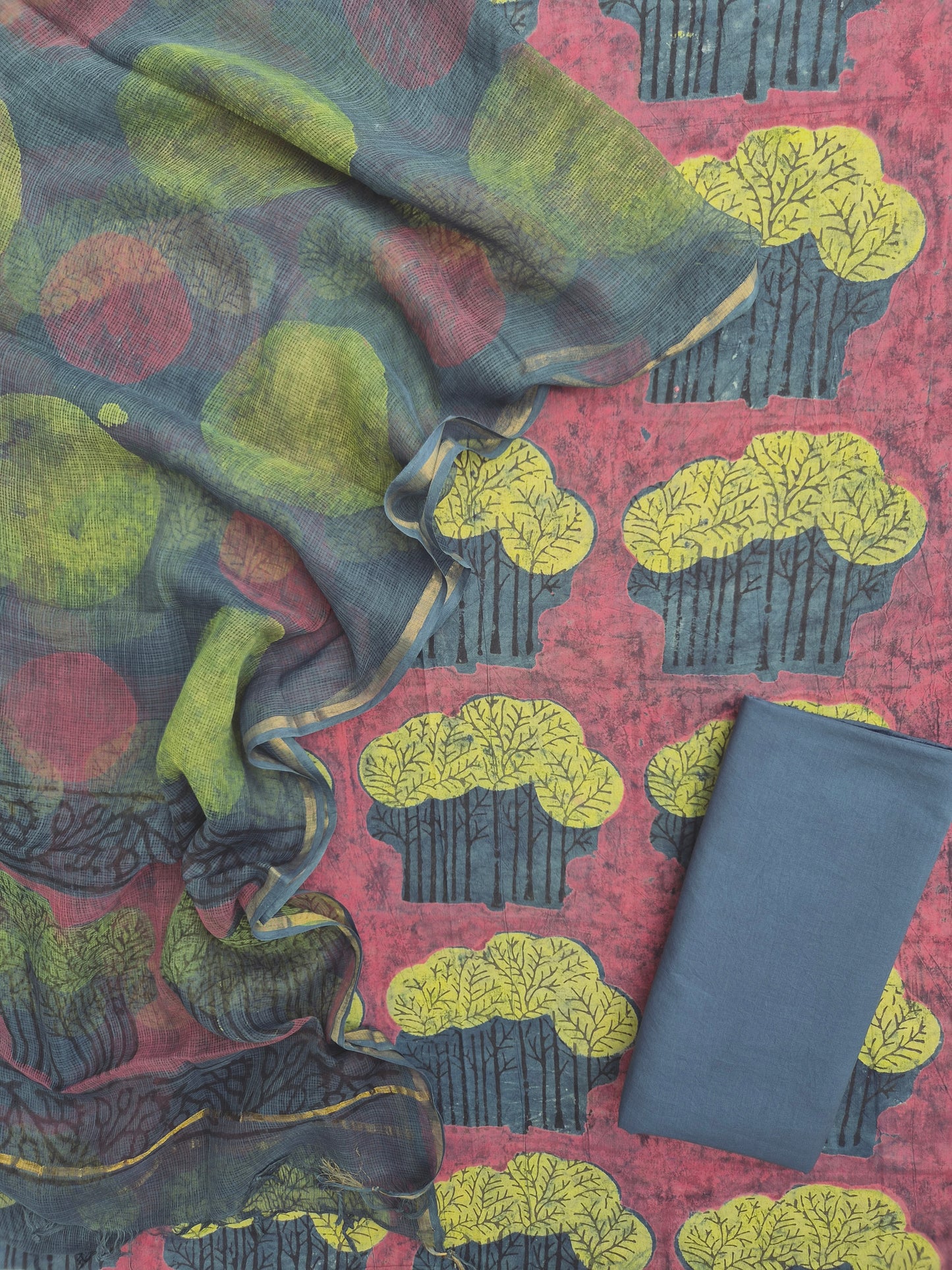 NASHPAL POMEGRANATE DYE COTTON SUIT WITH KOTA DORIA DUPATTA