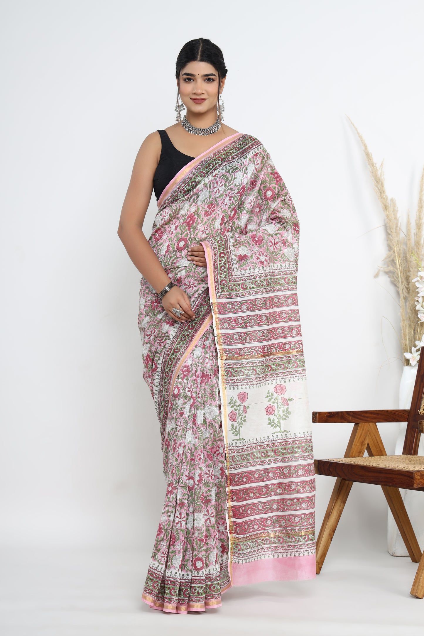 Chanderi Silk Hand Block Printed Saree with Blouse Piece