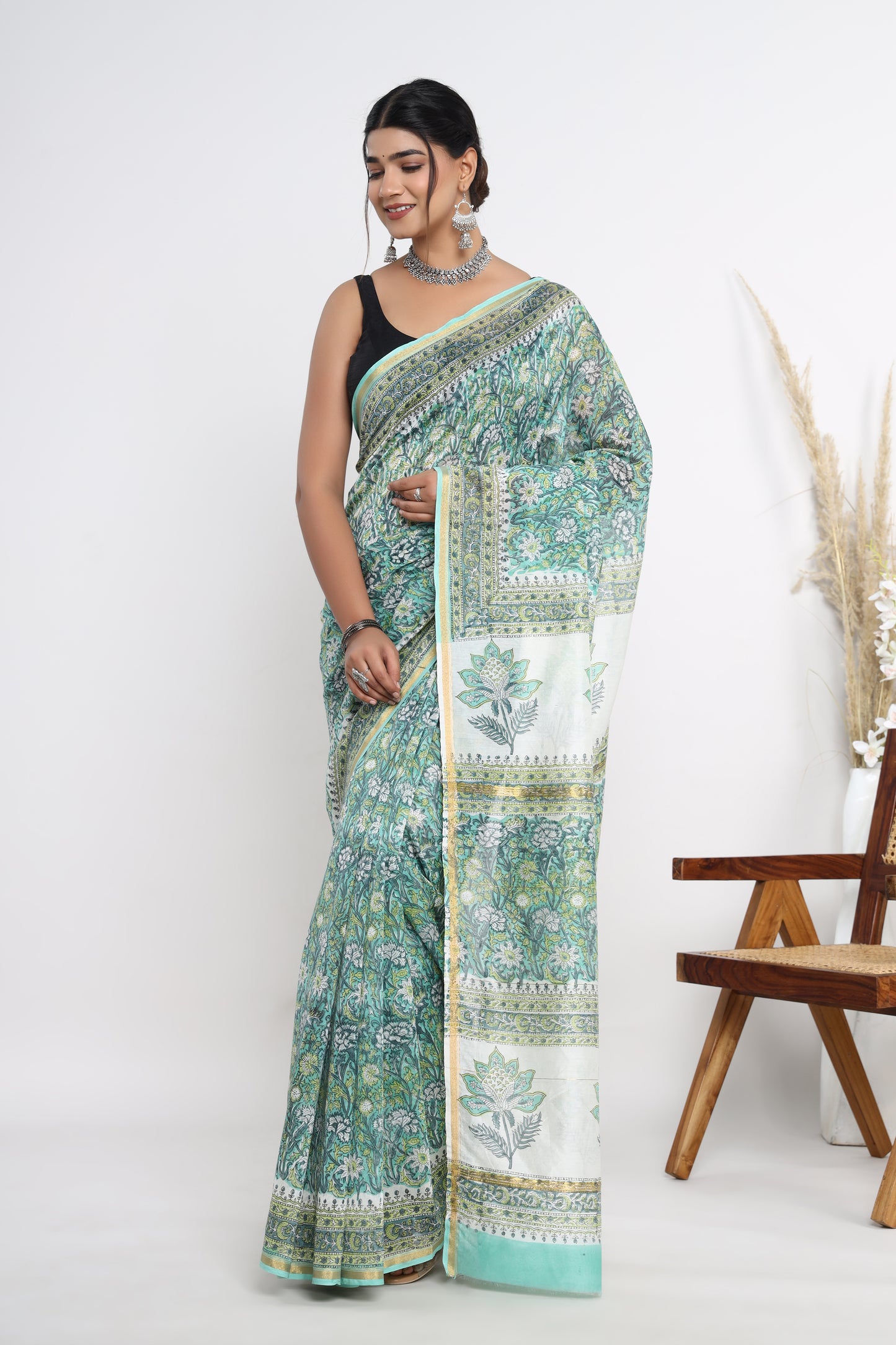 Chanderi Silk Hand Block Printed Saree with Blouse Piece