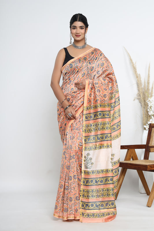 Chanderi Silk Hand Block Printed Saree with Blouse Piece