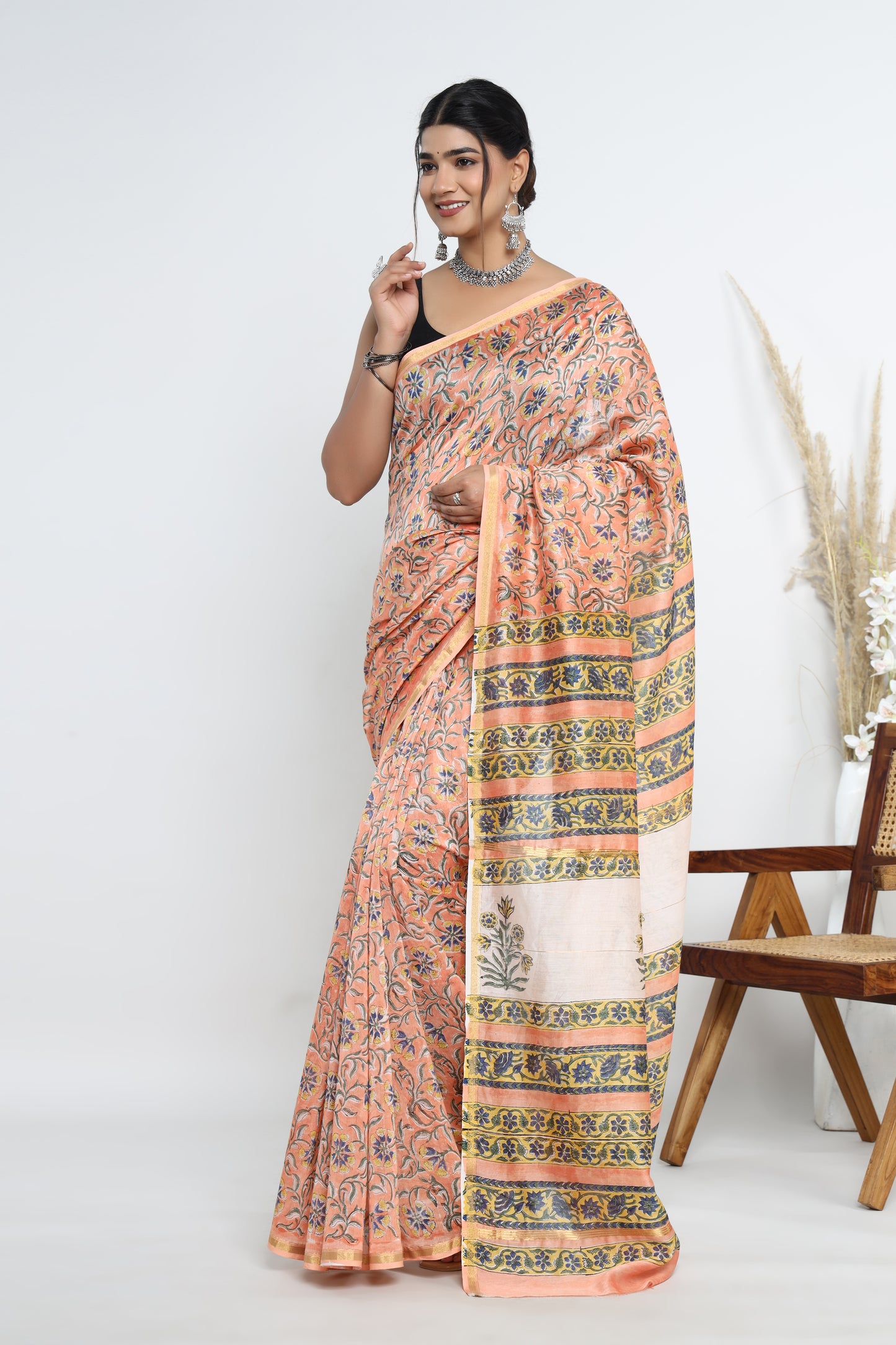 Chanderi Silk Hand Block Printed Saree with Blouse Piece