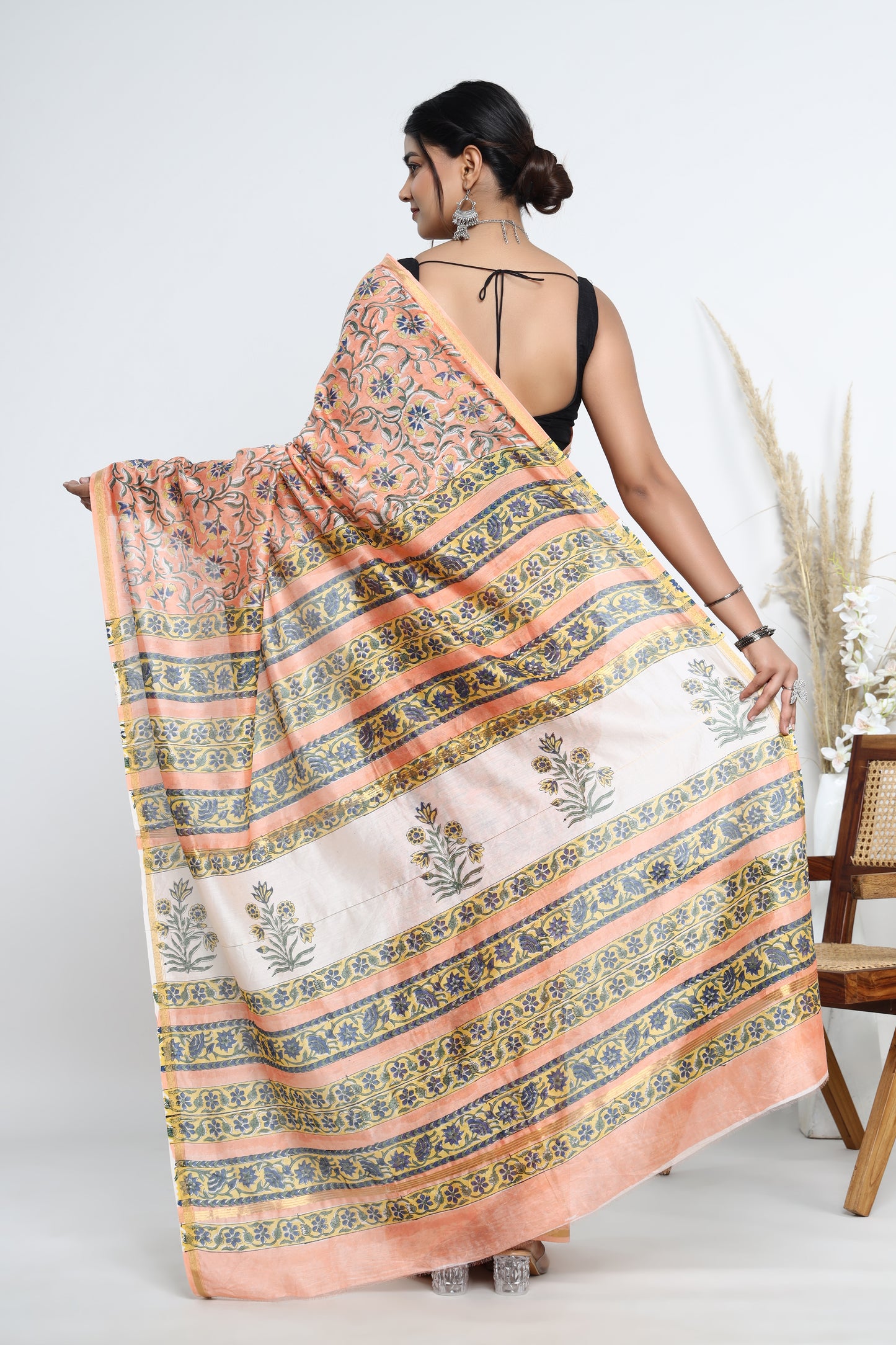 Chanderi Silk Hand Block Printed Saree with Blouse Piece